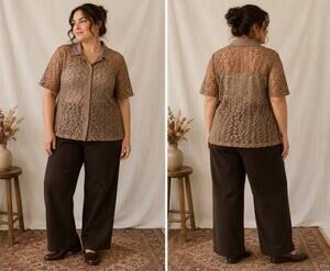 Vintage Style Sheer Metallic Bronze Lace Button-Up Shirt – Size XXXL